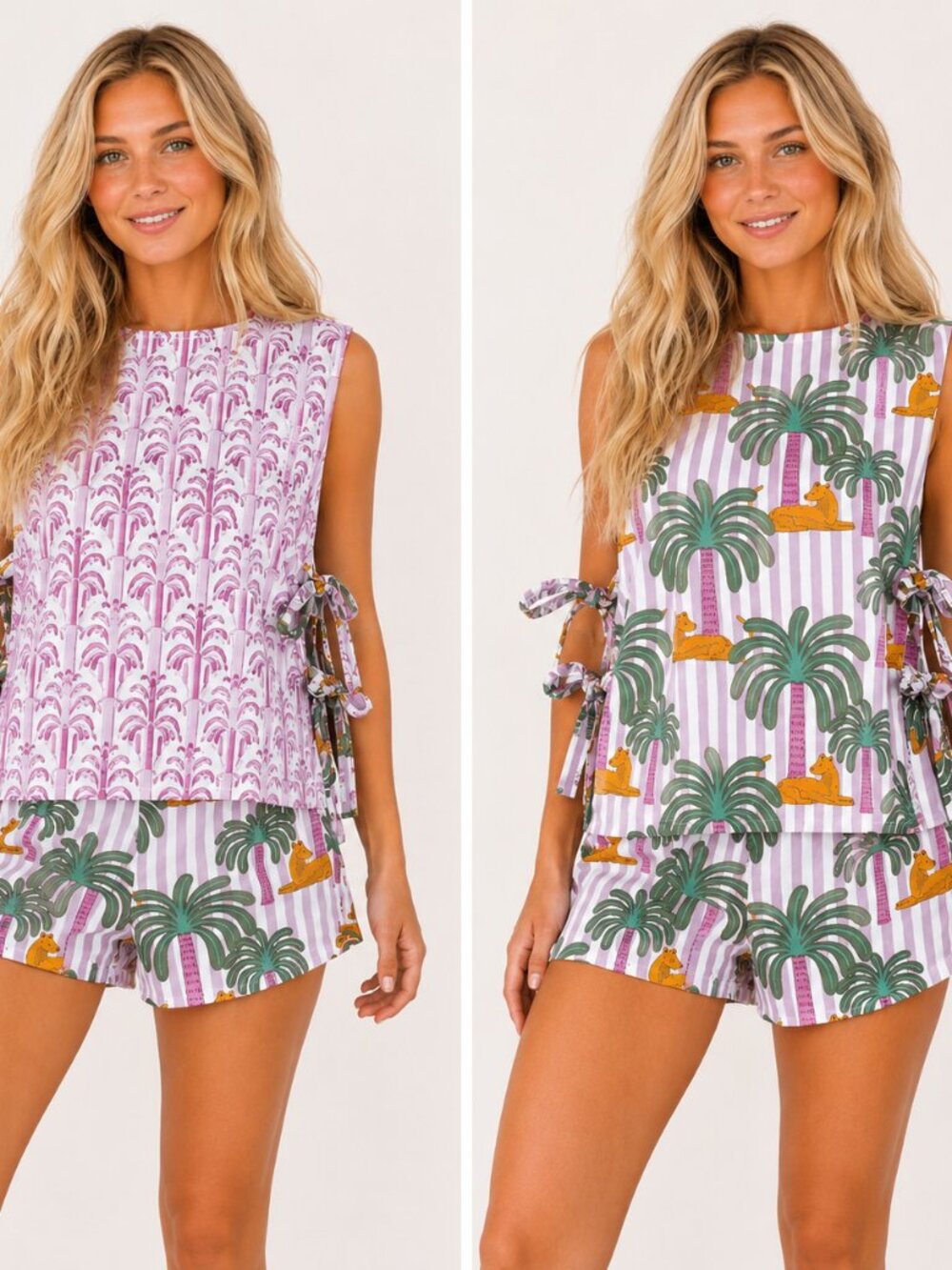 Cocolillys Reversible 100% Cotton Palm Print Tie Side Top & Shorts Set Size L - Picture 2 of 9